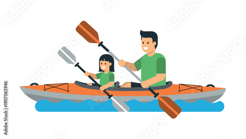 Father and daughter kayaking adventure in flat design style