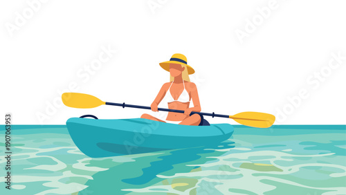 Woman kayaking in tropical waters in vibrant flat design