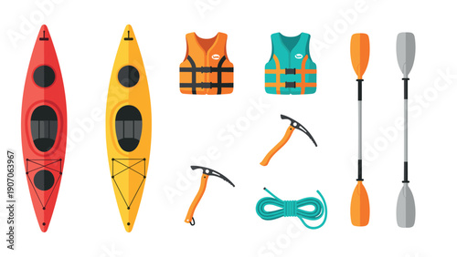 Colorful kayaking equipment with paddles and life vests on white background