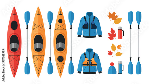 Kayaking essentials: canoes, paddles, gear, and autumn leaves in flat design
