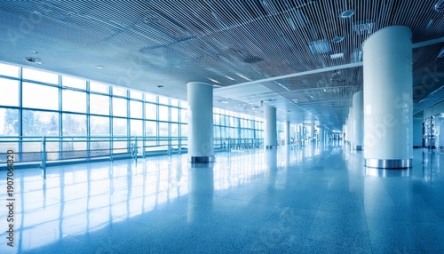 beautiful light blue blurred background panoramic image of a spacious office or mall hallway