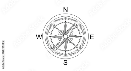 Traditional nautical compass rose showing cardinal directions North South East and West for navigation and mapping tool.