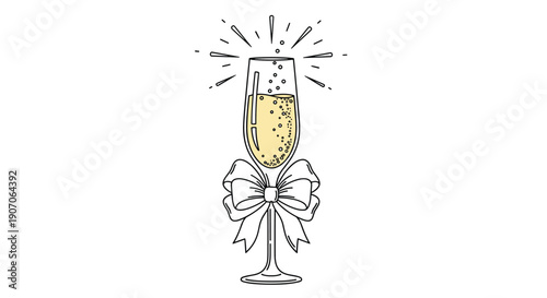 Sparkling champagne flute decorated with a festive white bow and effervescent bubbles on a clean white background.