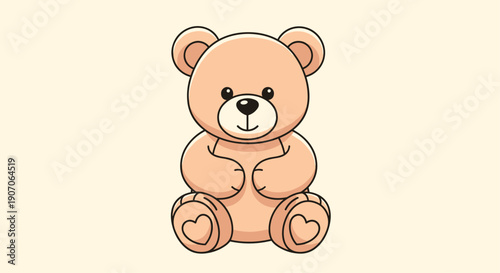 Adorable brown teddy bear sitting down with a sweet smile and heart patterns on its feet on a plain soft background.