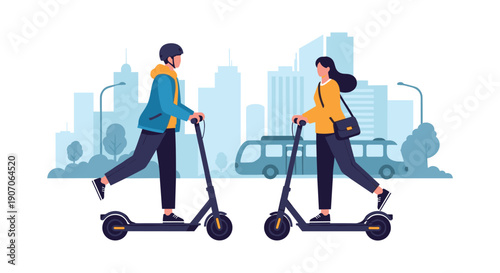 Man and woman riding electric scooters on a city street with tall buildings and a bus in the background illustration.