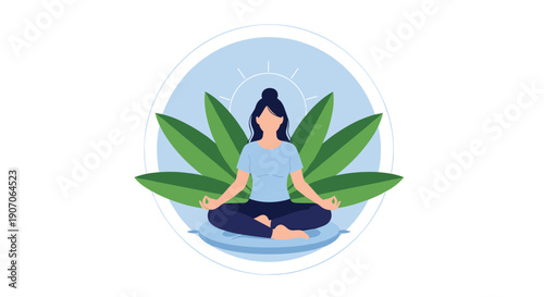 Woman sitting in a lotus pose meditating in front of large green leaves for wellness and mindfulness concept illustration.