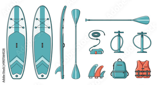 Complete set of stand up paddleboard gear including boards paddles pumps backpacks and safety equipment for water sports.
