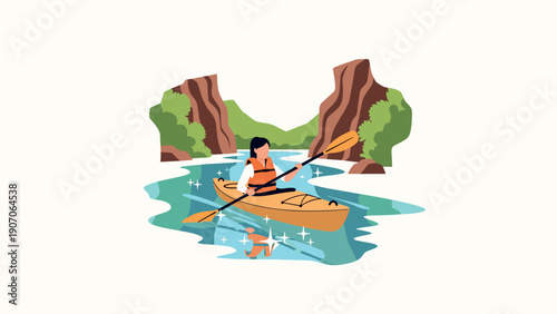 Flat design kayaking adventure with scenic canyon and sparkling water