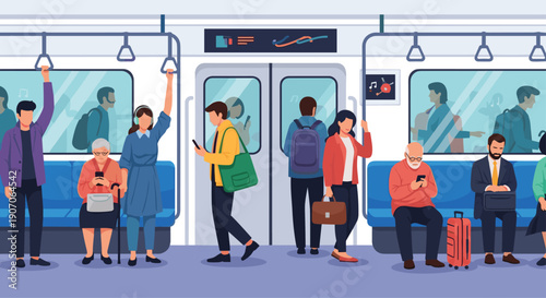 Diverse passengers standing and sitting inside a modern subway train car engaged with their phones or resting during commute.