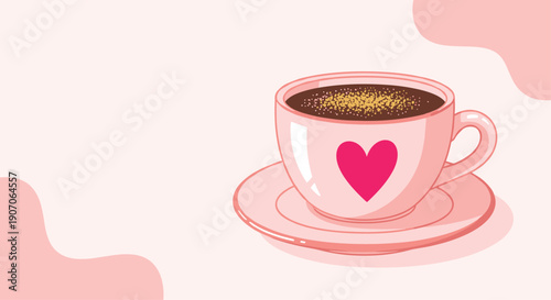 Pink coffee cup and saucer with a large magenta heart design filled with dark coffee and golden sprinkles on top.