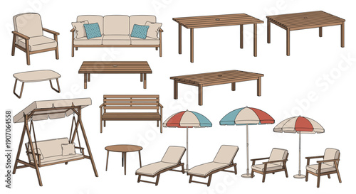 Wide variety of outdoor patio and garden furniture including sofas tables chairs umbrellas and lounge beds for relaxation.