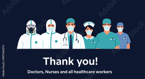 Diverse medical professionals including doctors and nurses wearing masks with a prominent Thank You message for their work.
