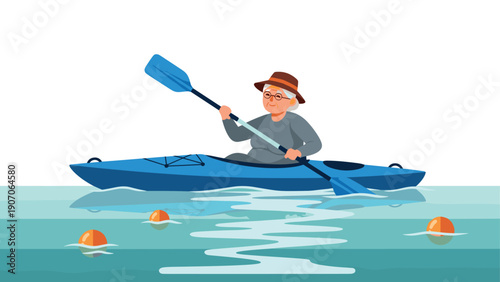 Elderly man kayaking on peaceful lake in flat design