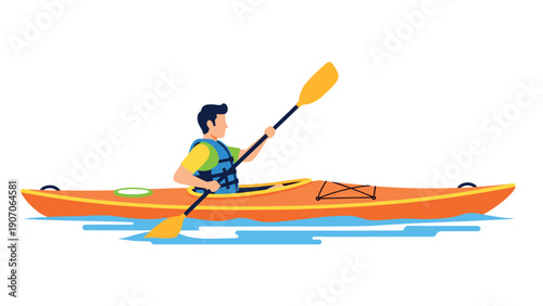 Colorful flat design of a man kayaking on calm water with paddle