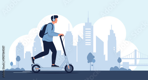 Young man wearing headphones and a backpack riding an electric scooter along a city waterfront with skyline background.