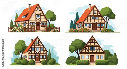 Four different styles of traditional European half timbered houses with red tiled roofs and surrounding lush gardens.