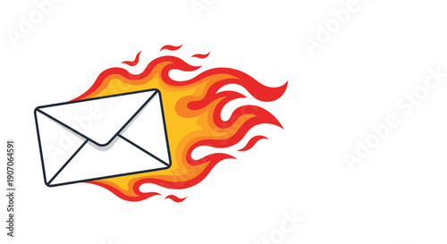 White mail envelope with bright flames trailing behind it symbolizing fast delivery urgent message or hot topic concept.