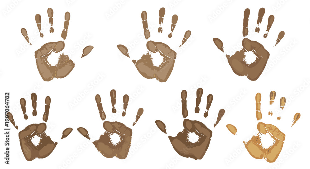 Fototapeta premium Collection of various human handprints in different shades of brown symbolizing unity and diversity.