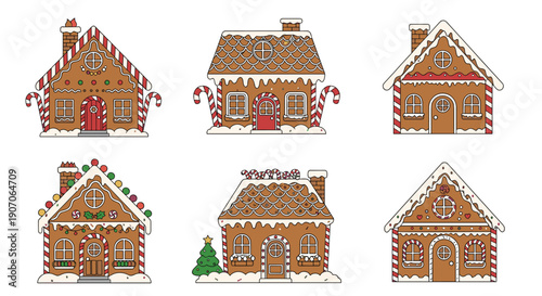 Collection of six charming gingerbread houses decorated with white icing, candy canes, and colorful sweets.
