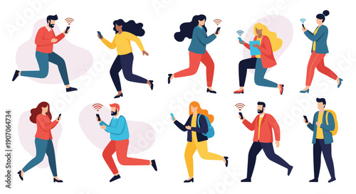 People walking and running while using their mobile phones with glowing wifi signals for connectivity.