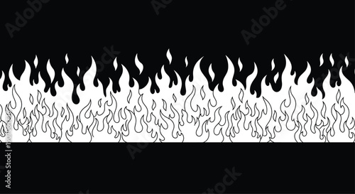 Seamless graphic pattern of stylized white flames burning against a solid black background for a bold look.