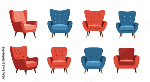 Group of stylish retro armchairs in shades of red and blue arranged for comparison and selection.