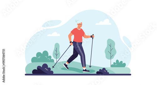 Elderly woman enjoying a healthy walk in a green park using Nordic walking poles on a sunny morning.