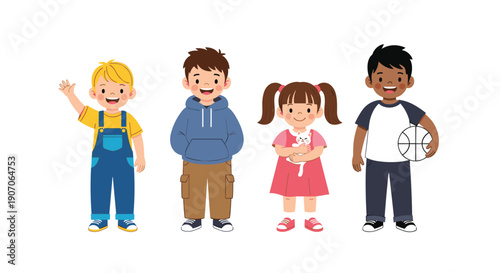 Four happy diverse children of different ethnicities standing together including a girl holding a white cat.
