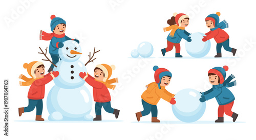 Children having fun playing in the snow and working together to build a large snowman in winter.