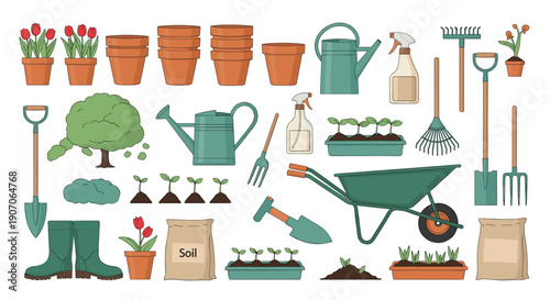 Large collection of gardening tools, pots, plants, and soil bags for hobbyists and professional gardeners.