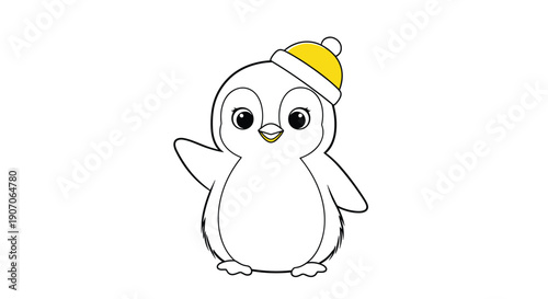 Cute cartoon penguin with big eyes waving its wing and wearing a bright yellow winter beanie hat.