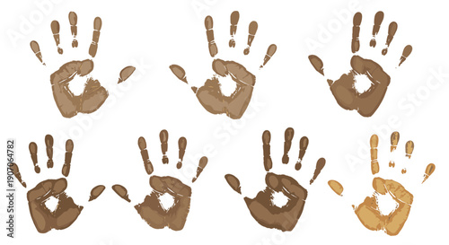 Collection of various human handprints in different shades of brown symbolizing unity and diversity.