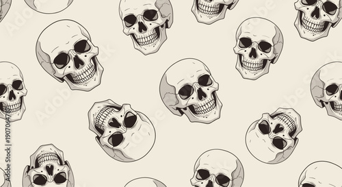 Seamless vintage pattern featuring many human skulls with detailed shading on a neutral beige background.