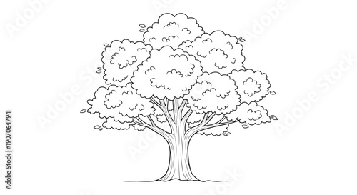 Beautiful leafy tree sketch with a thick trunk and many branches for a nature inspired illustration.