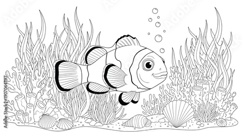 Underwater coloring page with a large clownfish swimming among coral reefs, seaweeds, and shells.