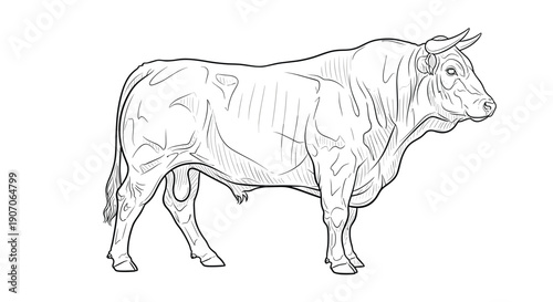 Detailed black and white sketch of a powerful bull standing in profile showing its muscular build.