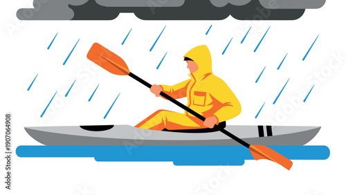 Kayaking adventure in rainy weather: man in yellow gear battling the elements