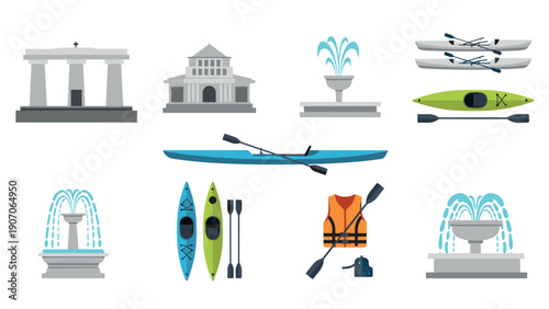 City landmarks and kayaking equipment icons in flat design