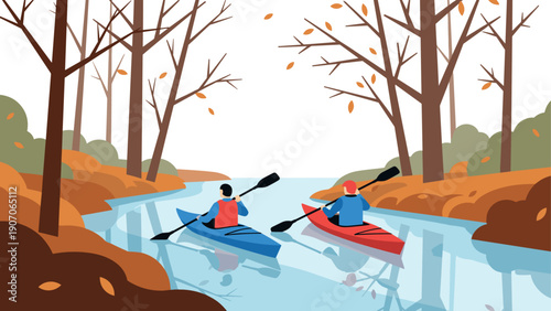 Autumn river adventure: two kayakers enjoying a scenic ride among falling leaves