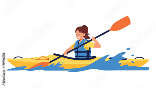 Woman kayaking in blue water with life jacket and paddle in flat design