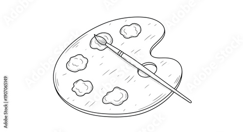 Hand drawn sketch of an artist's wooden palette with various paint blobs and a single paintbrush resting across it, perfect for art and creativity concepts.