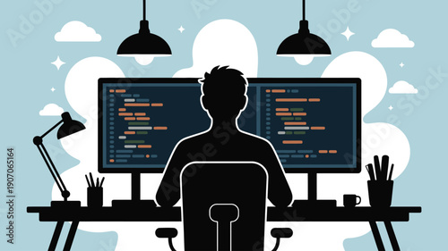 Coder Working at Desk with Dual Monitors and Clouds
