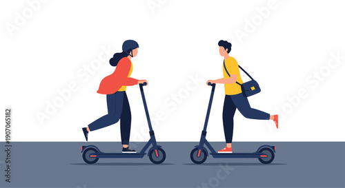 Man and woman riding modern electric scooters on a street, wearing helmets and bags for urban commuting and eco friendly transport.