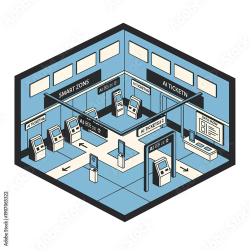 Isometric Illustration of Airport Terminal Building Interior.