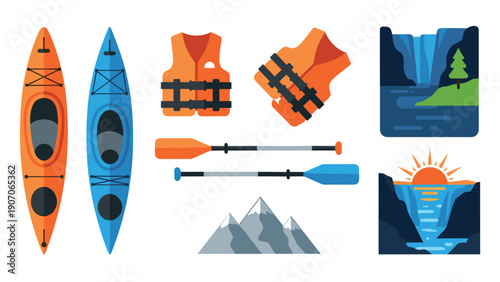 Flat design kayaking set with canoes, paddles, life jackets, and nature elements