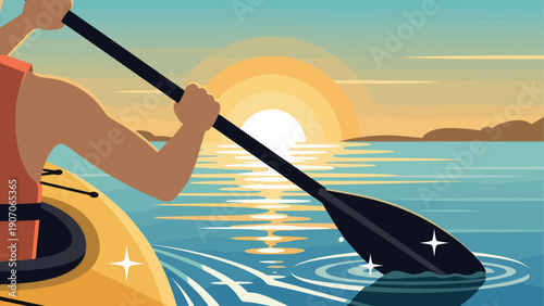 Kayaker paddling at sunset on serene lake with warm color palette