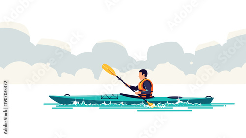 Kayaker traverses calm waters under cloudy sky in vibrant art style