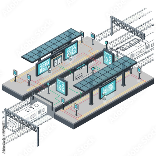 Isometric Illustration of Train Station with Solar Panels.