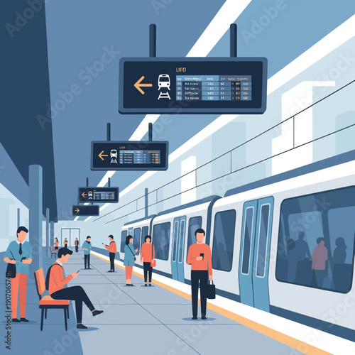 Subway Station with Train and Commuters Waiting.