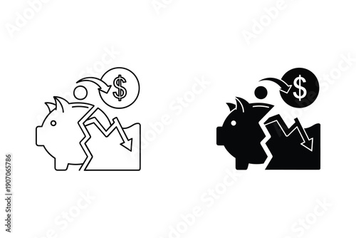 Broken Piggy Bank with Dollar Coin Falling Down vector illustration